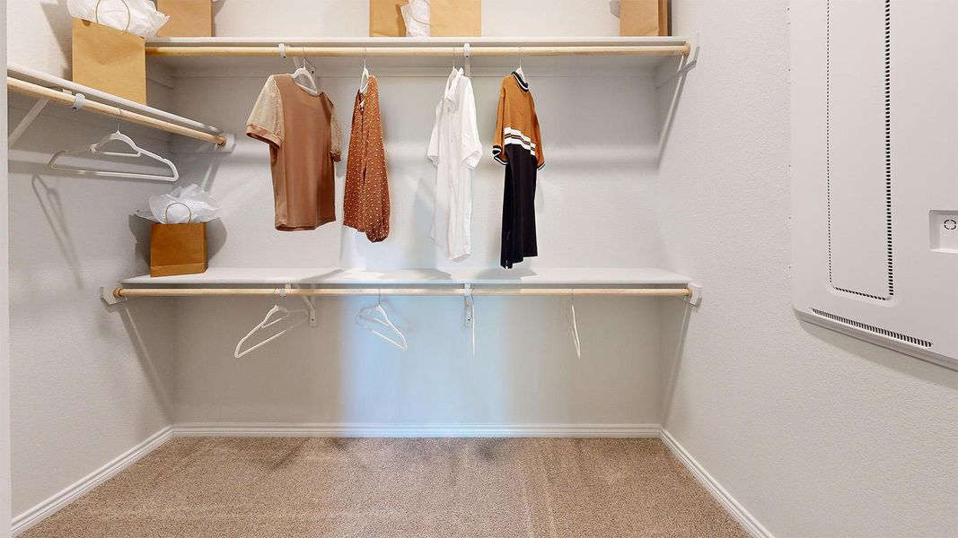 Walk in closet featuring light carpet Walk in closet featuring light carpet