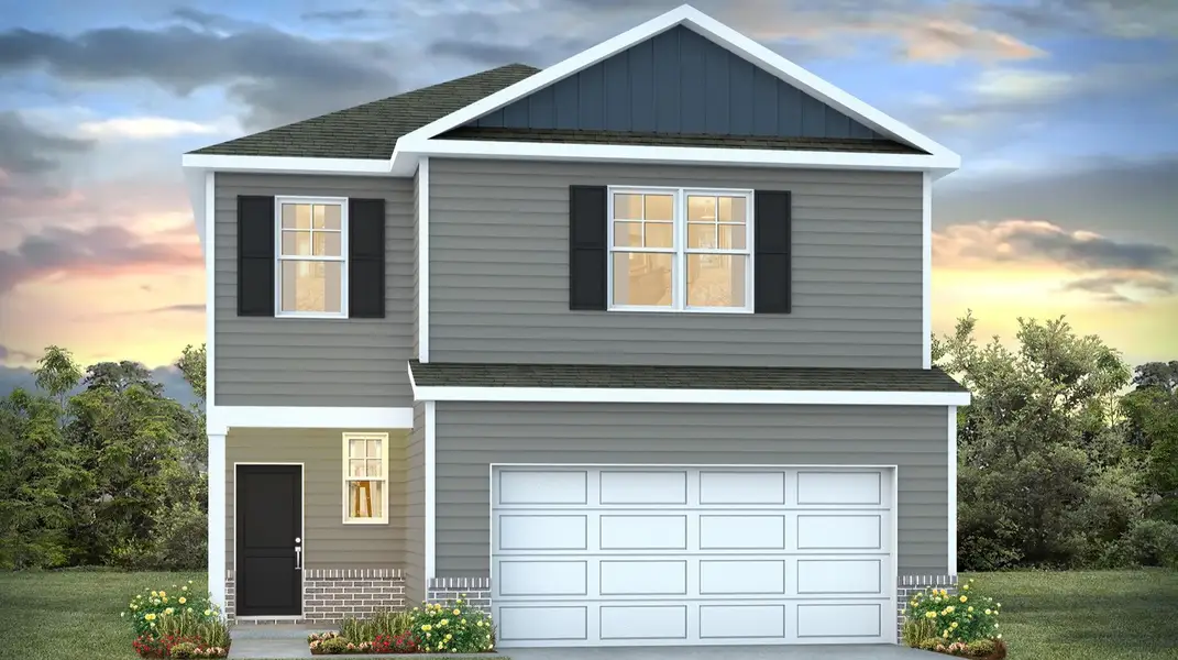 Front exterior of a new home in Hunter's Branch, Hopkins, SC, highlighting curb appeal (Image 1).