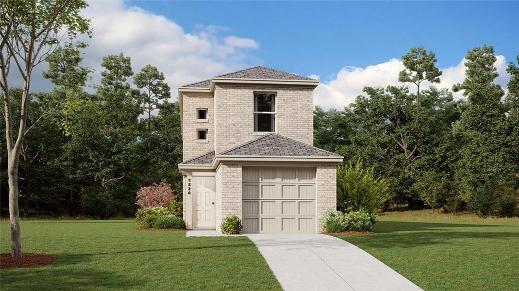 View of front facade featuring a front yard and a garage