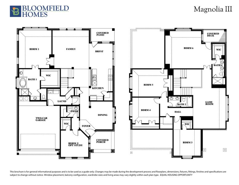 Bloomfield Homes Magnolia III two-story floor plan with six bedrooms, game room, and two-car garage