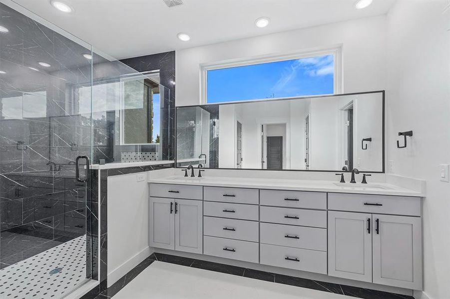 Modern Primary Bathroom with dual vanities