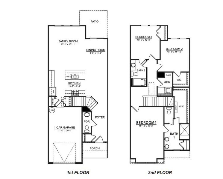 2D floor plan layout for the Lansing by D.R. Horton in Townes at Tap Root Farms, Fletcher, NC (Image 3).
