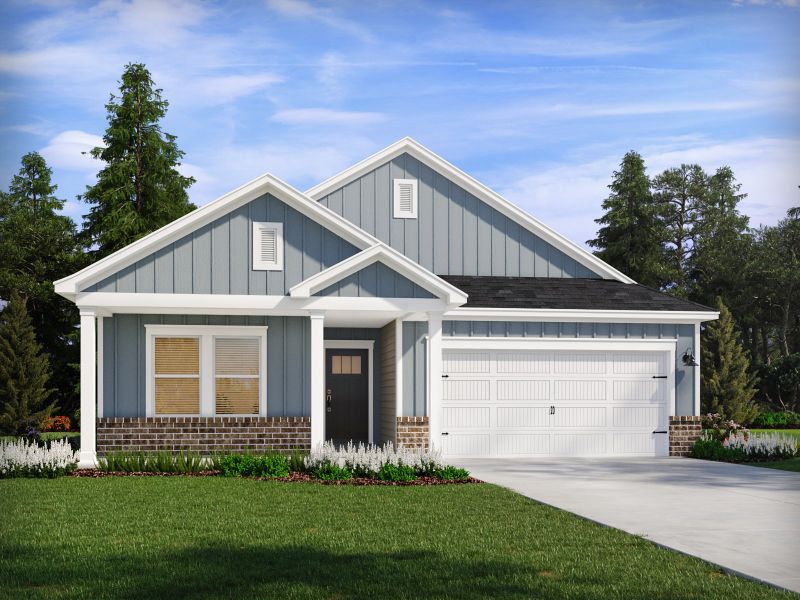 Front exterior of a new home in Waterside - Coastline Series, Longs, SC, highlighting curb appeal (Image 1). Front exterior of a new home in Waterside - Coastline Series, Longs, SC, highlighting curb appeal (Image 1).