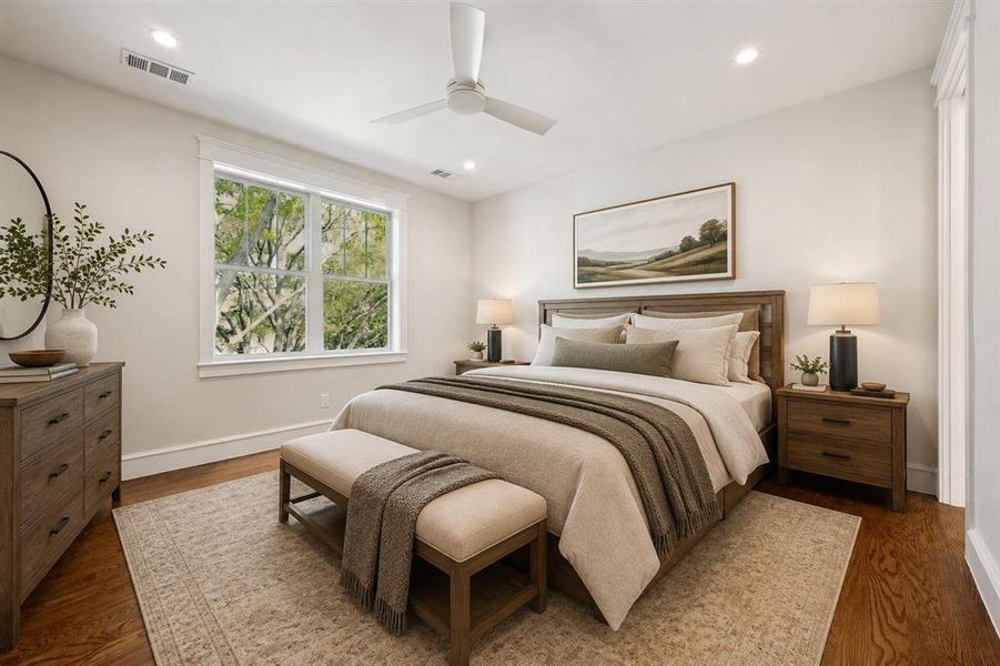 Bedroom featuring a large double window, wood-finish flooring, recessed lighting, crown molding, and a ceiling fan