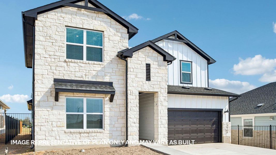 Representative exterior photo of a completed home built from the The Ozark by D.R. Horton in Revelry, Del Valle, TX (Image 18). Representative exterior photo of a completed home built from the The Ozark by D.R. Horton in Revelry, Del Valle, TX (Image 18).