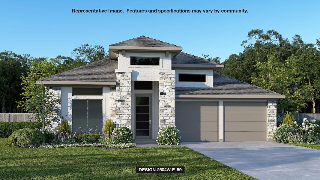 View of front of house featuring stone siding, a shingled roof, a front yard, and fence