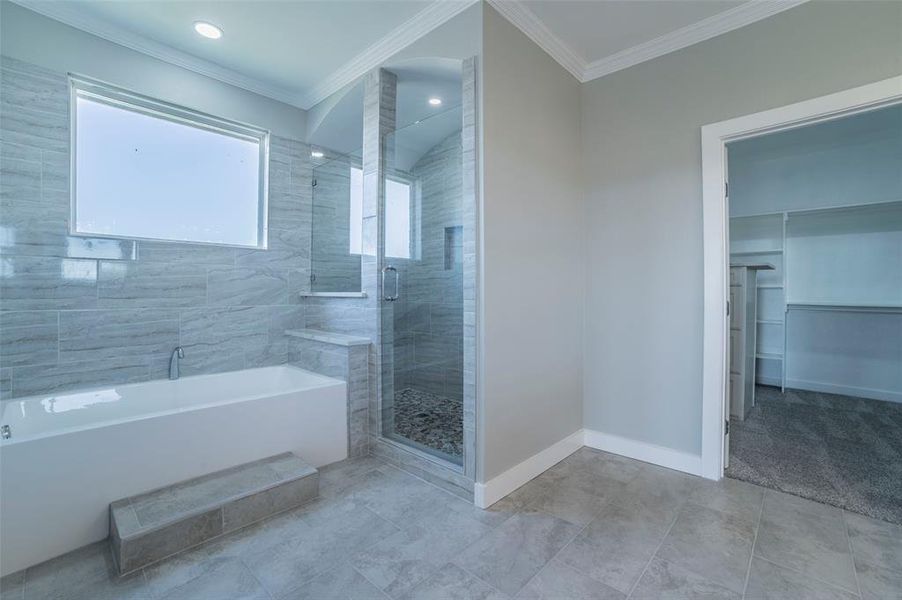 Bathroom featuring a walk in closet, ornamental molding, a stall shower, and a bath Bathroom featuring a walk in closet, ornamental molding, a stall shower, and a bath