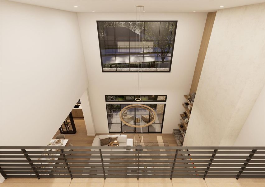 An elevated perspective showcases the grandeur of the great room, where expansive windows frame treetop views and natural light cascades through the open volume. The sculptural pendant becomes a focal point in motion, floating gracefully between levels. An elevated perspective showcases the grandeur of the great room, where expansive windows frame treetop views and natural light cascades through the open volume. The sculptural pendant becomes a focal point in motion, floating gracefully between levels.