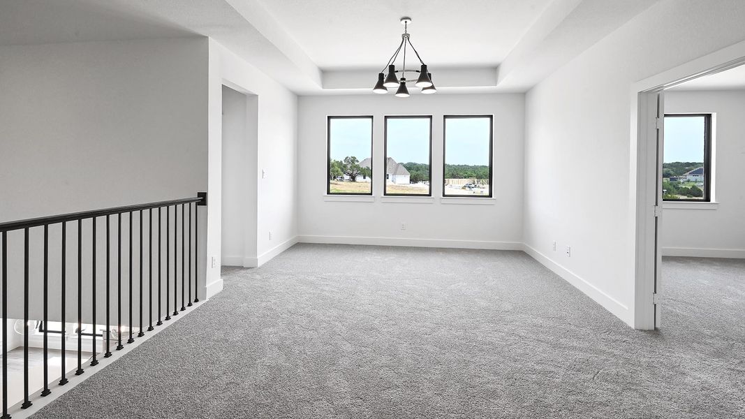 Carpeted spare room with a chandelier, a raised ceiling, and baseboards Carpeted spare room with a chandelier, a raised ceiling, and baseboards