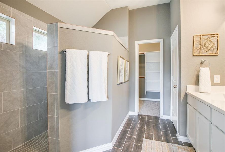 Bathroom with vanity, wood tiled floors, walk in shower, and a walk in closet Bathroom with vanity, wood tiled floors, walk in shower, and a walk in closet