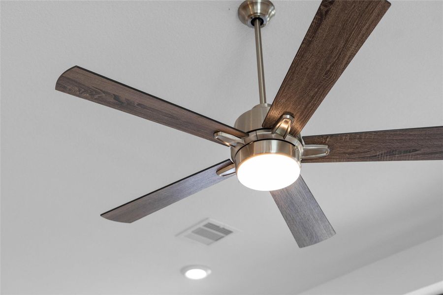A sleek and modern ceiling fan that provides both air circulation and light to the room.