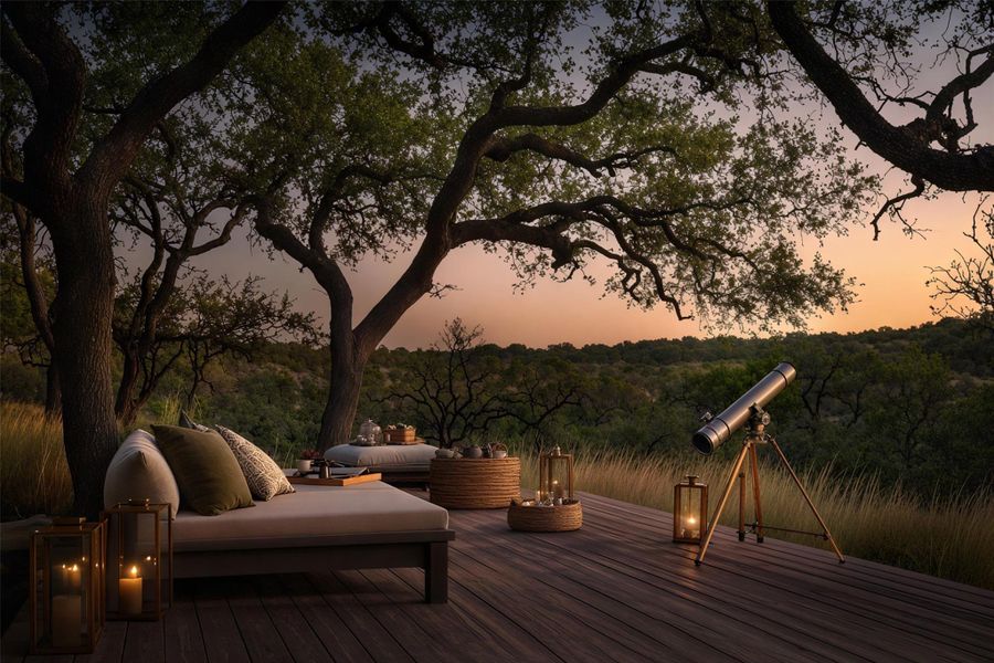 Deck at dusk with a forest view and an outdoor living space