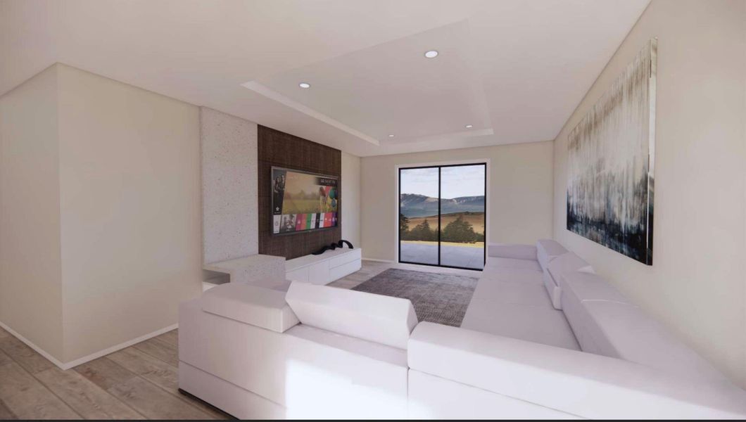 RENDERING - Living room with a tray ceiling, light wood-type flooring, and recessed lighting