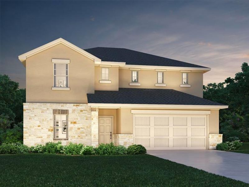 View of front facade featuring stone siding, concrete driveway, stucco siding, a shingled roof, and a garage View of front facade featuring stone siding, concrete driveway, stucco siding, a shingled roof, and a garage