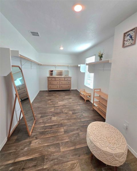 Spacious walk-in closet featuring wood-finish flooring, recessed lighting, and white walls