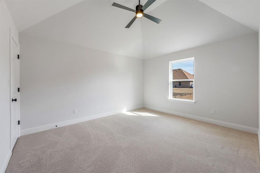 Unfurnished room with ceiling fan, lofted ceiling, and light carpet