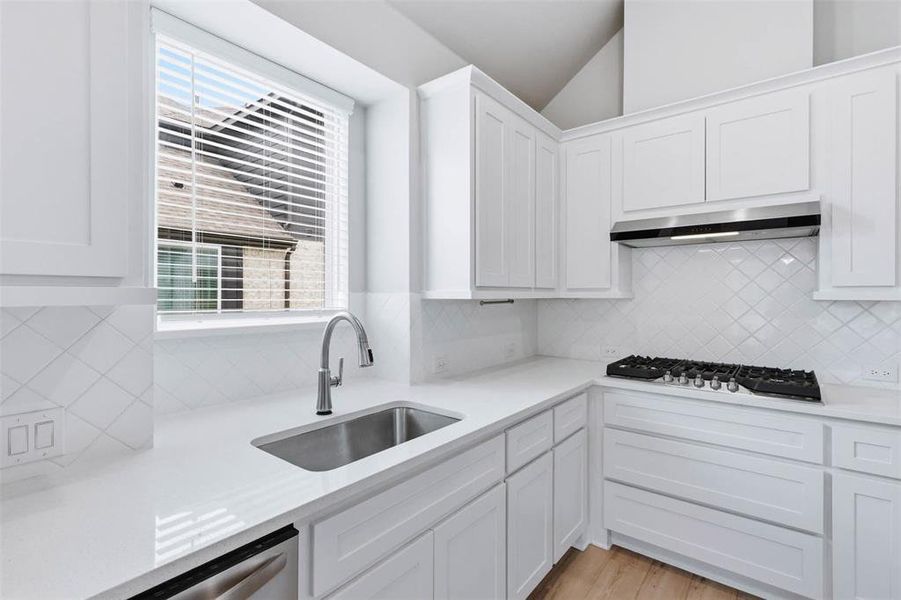 Kitchen sink area with bright cabinetry, countertop space, and modern fixtures.