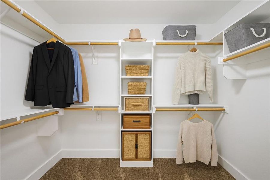 Walk in closet with dark colored carpet