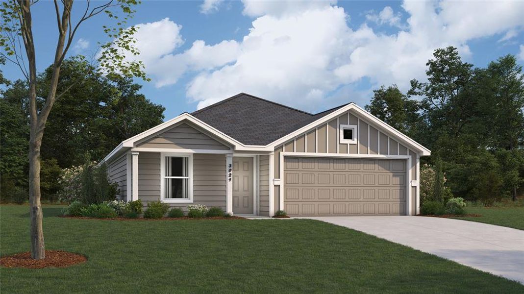 View of front of property featuring a garage and a front yard