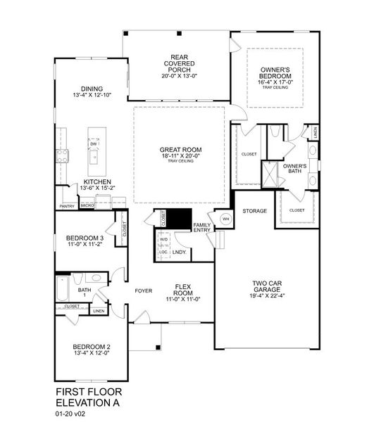 2D floor plan layout for the Savannah Ranch by Ryan Homes in Pine Ridge Estates, Ridgeville, SC (Image 2).