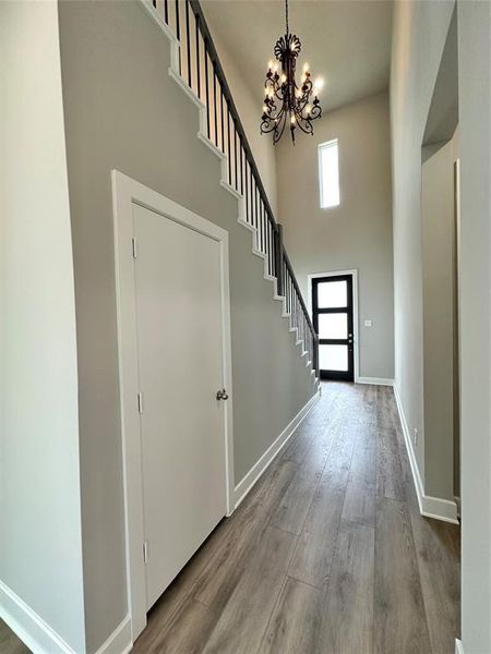 Foyer with a chandelier, light wood-type flooring, and a towering ceiling