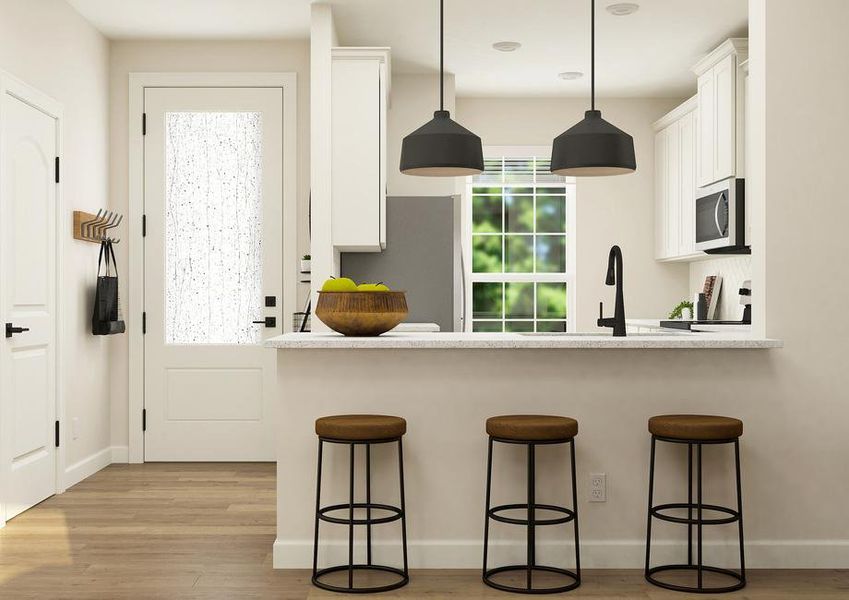 Rendering of the kitchen, next to the 3/4
  lite front door. The kitchen has three barstools at the peninsula, granite
  countertops, white cabinetry and tiled backsplash.