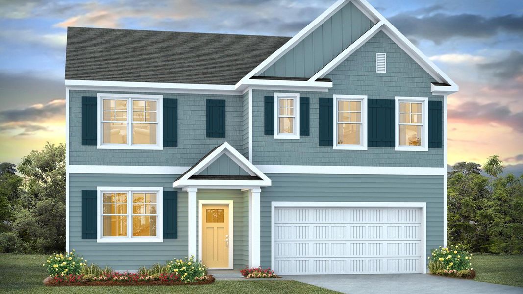 Front exterior of a new home in Saltgrass Landing, Winnabow, NC, highlighting curb appeal (Image 1).