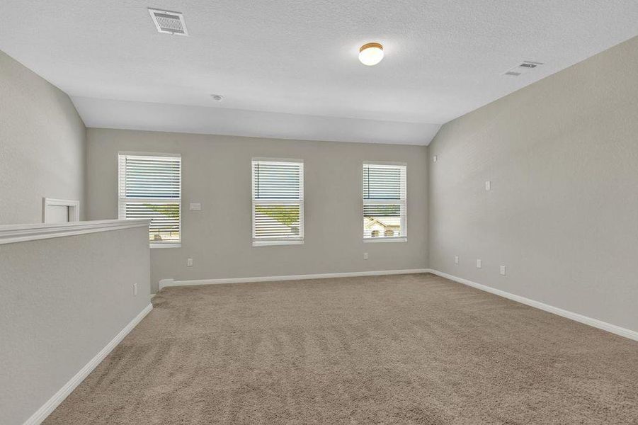 Empty room featuring plenty of natural light, light colored carpet, lofted ceiling, and a textured ceiling Empty room featuring plenty of natural light, light colored carpet, lofted ceiling, and a textured ceiling