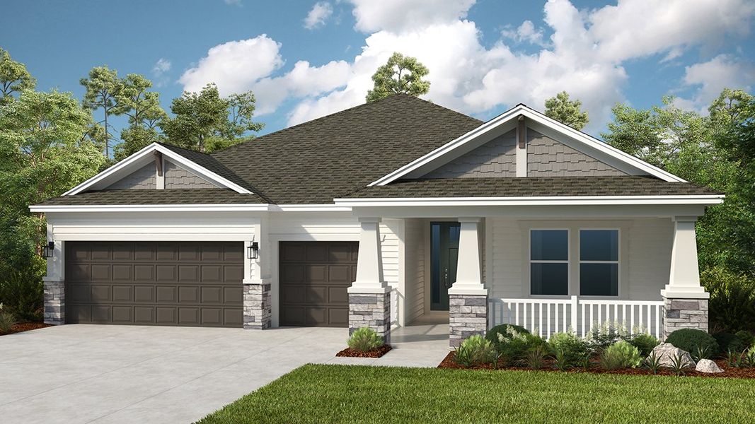 Front exterior of a new home in Headwaters at Lofton Creek, Yulee, FL, highlighting curb appeal (Image 1). Front exterior of a new home in Headwaters at Lofton Creek, Yulee, FL, highlighting curb appeal (Image 1).
