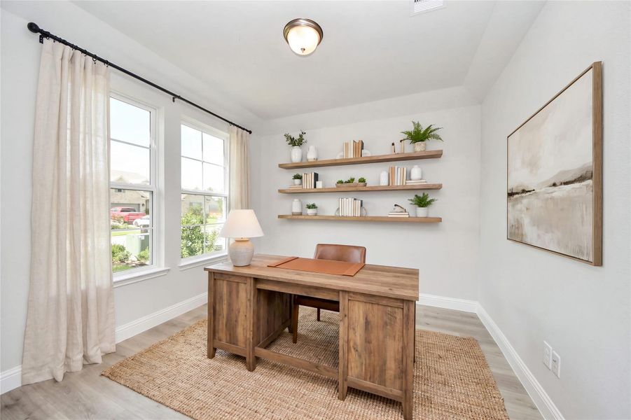 This handsome home office features laminate flooring, large windows, high ceilings, lighting, and custom paint! *Virtually Staged This handsome home office features laminate flooring, large windows, high ceilings, lighting, and custom paint! *Virtually Staged