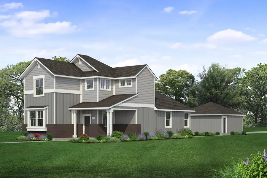 Rendering of two story two-tone grey home with dark brown painted brick, black door, and detached garage with landscaping and sky