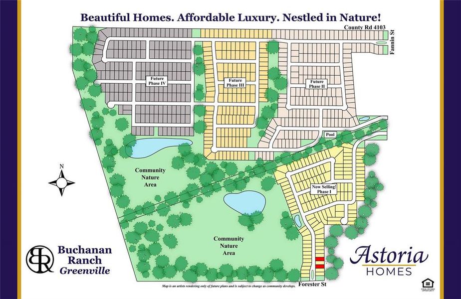 Buchanan Ranch is a master planned community which includes future pool and amenity center with gym, huge nature area with trees, ponds, and winding walking trails.