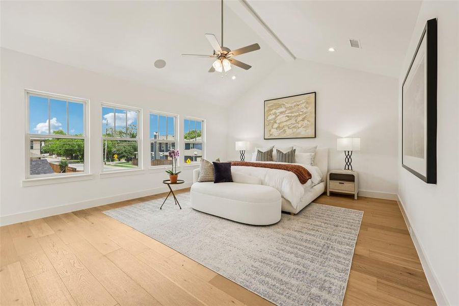 Bedroom featuring wood-finish flooring, a vaulted ceiling with a ceiling fan, recessed lighting, and multiple windows with white trim
