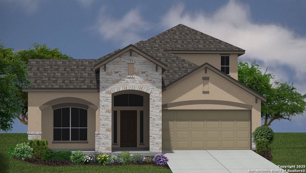 Front exterior of a new home in Brookstone Creek, San Antonio, TX, highlighting curb appeal (Image 1).