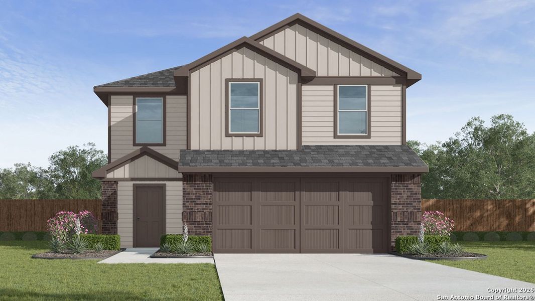 Front exterior of a new home in Avenida, Converse, TX, highlighting curb appeal (Image 1). Front exterior of a new home in Avenida, Converse, TX, highlighting curb appeal (Image 1).
