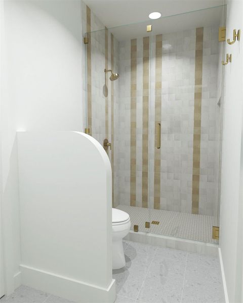 Bathroom featuring toilet, walk in shower, and tile patterned flooring