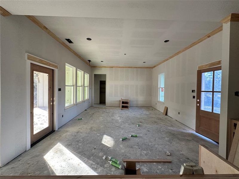 Unfurnished living room with a healthy amount of sunlight and ornamental molding