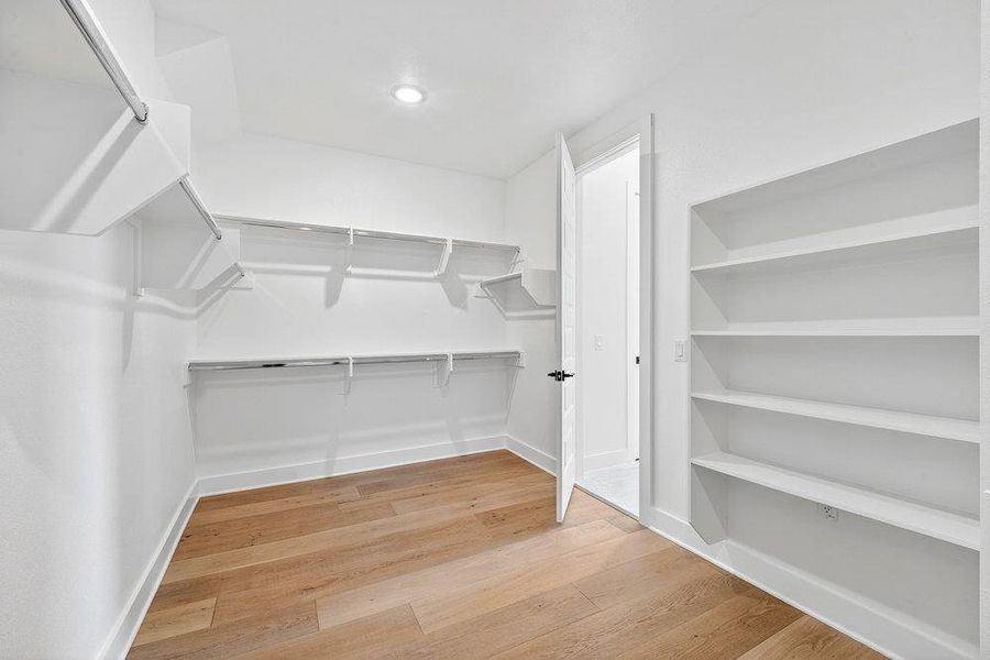 Walk in closet with light wood-style flooring