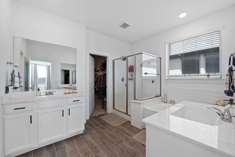Double sinks for busy mornings when two people are getting ready. Double sinks for busy mornings when two people are getting ready.