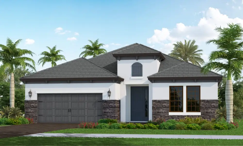 Front exterior of a new home in Vistera of Venice, Venice, FL, highlighting curb appeal (Image 1). Front exterior of a new home in Vistera of Venice, Venice, FL, highlighting curb appeal (Image 1).