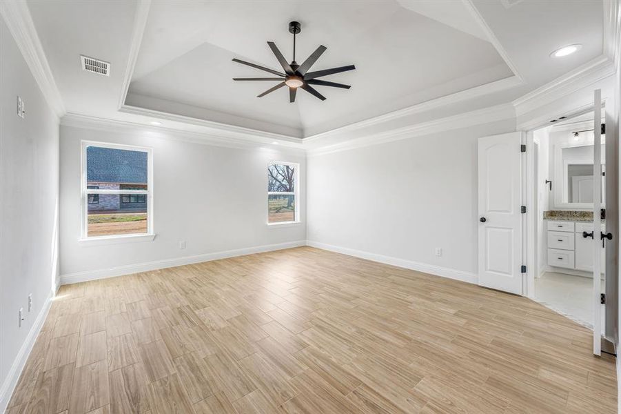 Unfurnished room featuring ceiling fan, ornamental molding, light hardwood / wood-style floors, and a raised ceiling