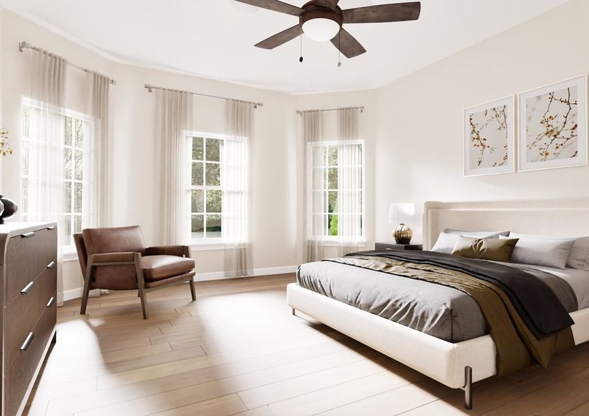 Bright, modern bedroom vinyl plank flooring, three large windows and a ceiling fan. A large bed with gray and brown accents is centered, flanked by side tables.  botanical prints adorn the wall, conveying a serene and cozy atmosphere.
