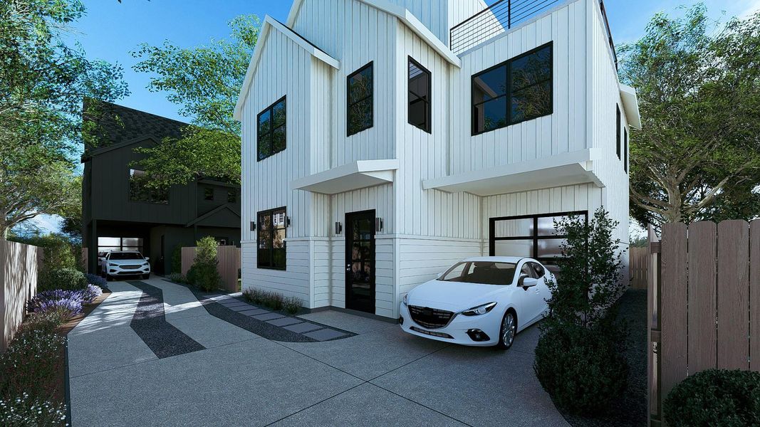 Contemporary white vertical siding exterior with dark framed windows, a flat roofline, and a black front entry door