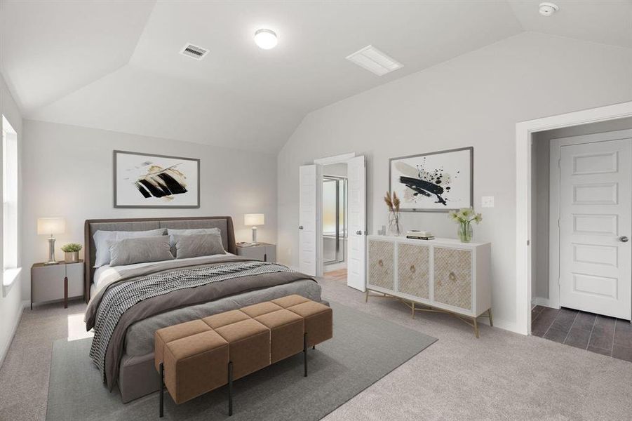 Unwind in style in this remarkable primary suite after a long day! Revel in the luxury of plush carpet, warm paint tones, soaring ceilings, and expansive windows. Virtual staged. Representation of completed home with similar plan. Actual color and selections will vary.