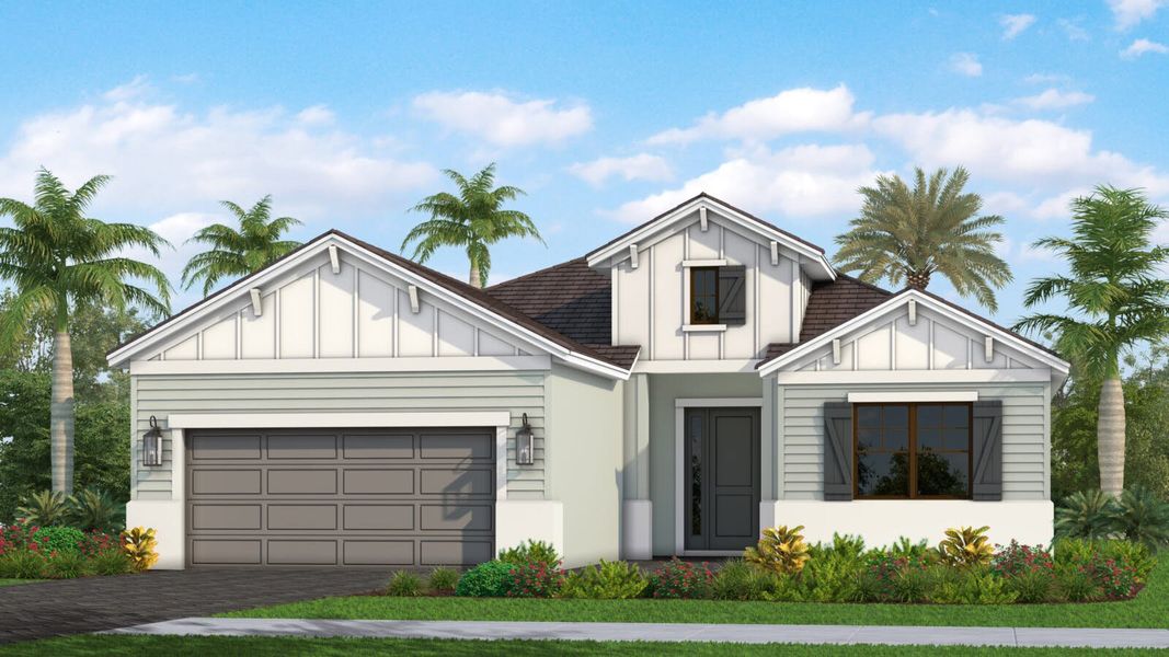 Front exterior of a new home in Grand Park Real Estate and Homes for Sale in Sarasota, FL - Neal Communities, Sarasota, FL, highlighting curb appeal (Image 16). Front exterior of a new home in Grand Park Real Estate and Homes for Sale in Sarasota, FL - Neal Communities, Sarasota, FL, highlighting curb appeal (Image 16).