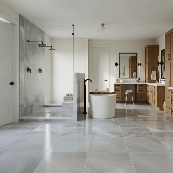 Rendering: Primary bath with dual vanity, custom cabinets, and marble finishes.