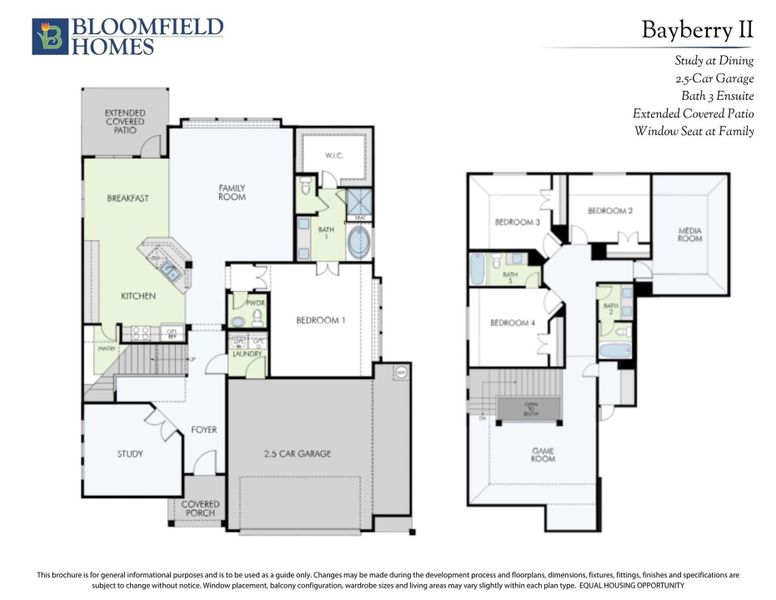Bloomfield Homes Bayberry II two-story floor plan with 4 bedrooms, game room, study, and 2.5-car garage.