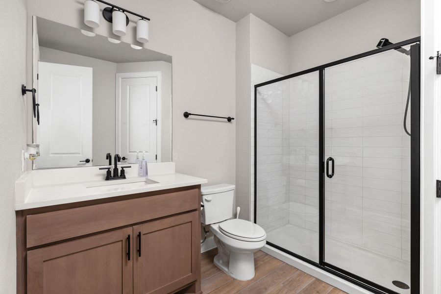 Full bath featuring vanity, a stall shower, and light wood finished floors
