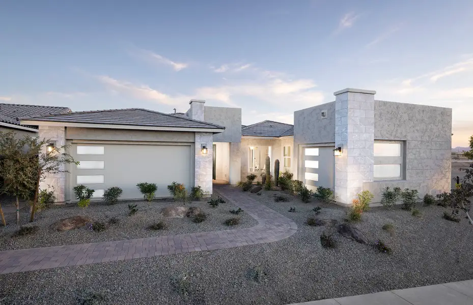Front exterior of a new home in Harvest - Enchantment Series, Queen Creek, AZ, highlighting curb appeal (Image 1). Front exterior of a new home in Harvest - Enchantment Series, Queen Creek, AZ, highlighting curb appeal (Image 1).