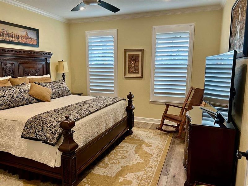 Bedroom with crown molding, light hardwood / wood-style floors, and ceiling fan